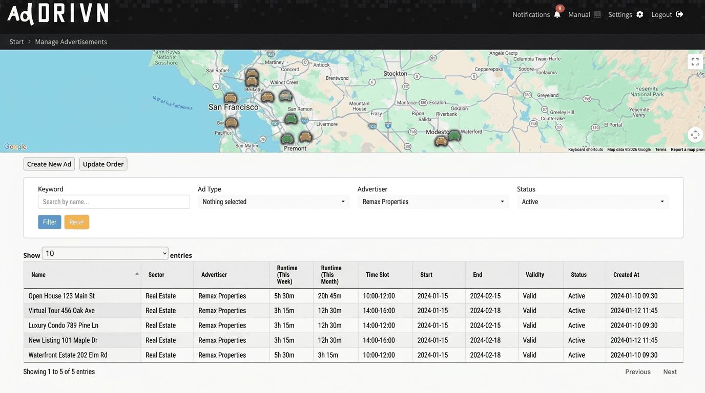 AdDRIVN client dashboard with live GPS map and device list
